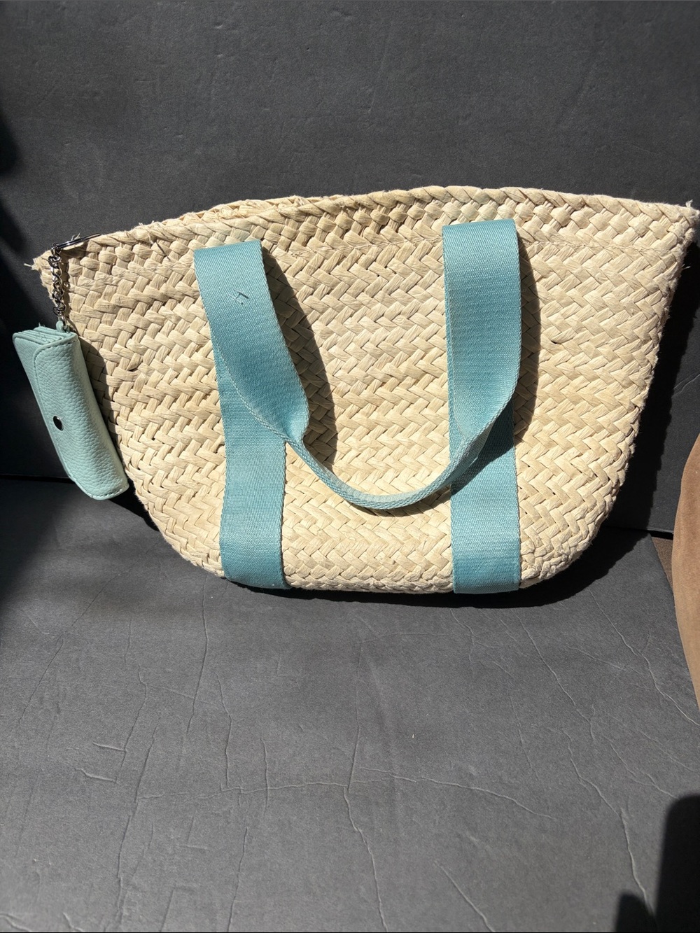 Panama Jack Natural Straw Tote with Aqua Blue Straps